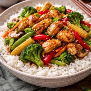 Wokgemüse mit Reis + Hähnchen